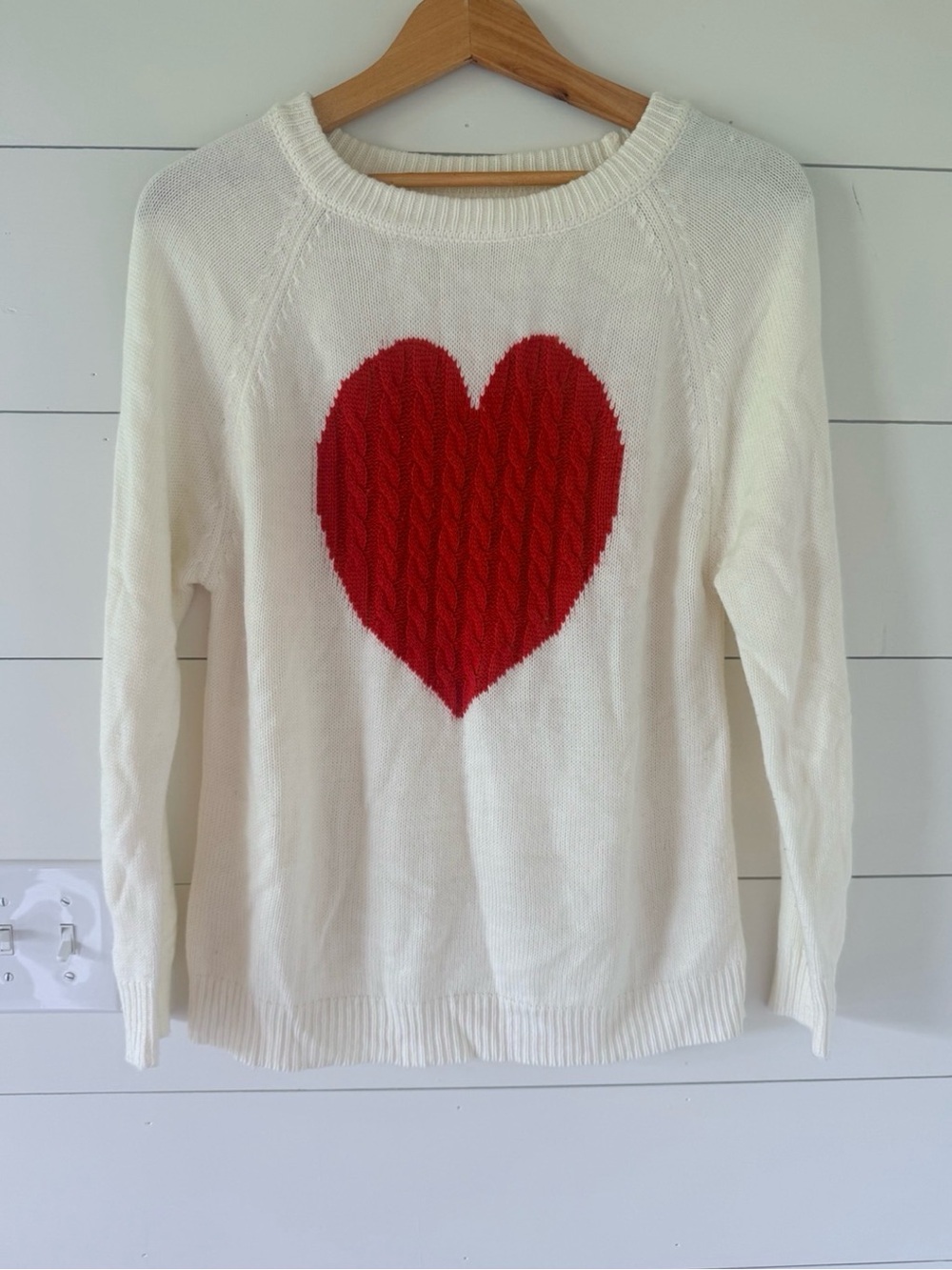 Cream Crewneck Sweater with Red Heart Cable Detail